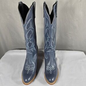 Vintage Capezio Western Cowboy Boots Womens 7M Blue Leather Tall Embroidered